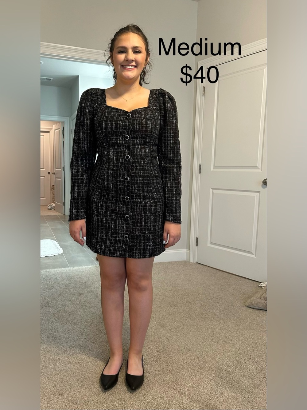 Black Tweed Button-Front Mini Dress with Square Neck